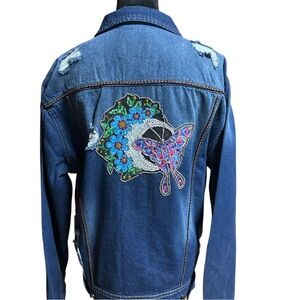 Butterfly on the Moon Distressed Dark  Denim Jacket-Large